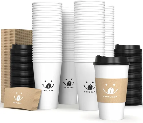 Miniatura 9 de Paquete de 100 tazas de café desechables de pared ondulada corrugada de 16 onzas con tapas y pajitas, tazas aisladas resistentes para bebidas