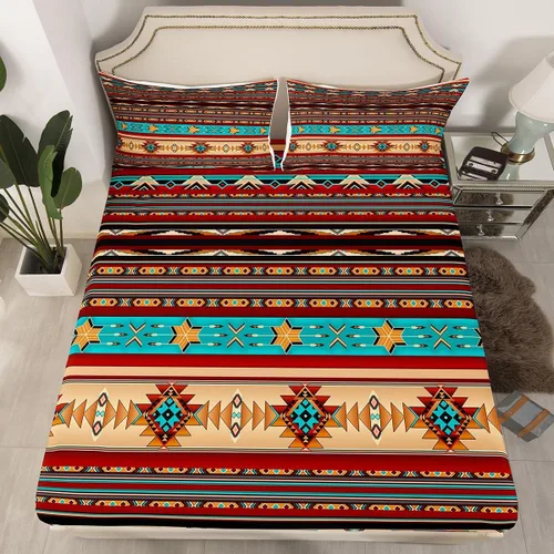 Miniatura 18 de Juego de ropa de cama de estilo bohemio occidental, tamaño individual, diseño de vaca atrapasueños, sábana bajera ajustable del suroeste, tribu