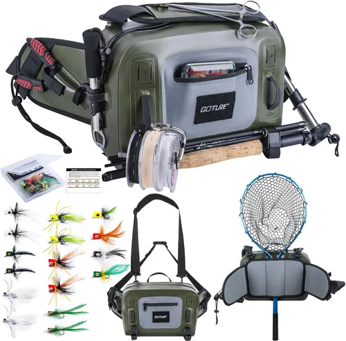 Miniatura 14 de Goture Riñonera de pesca impermeable, IPX8 840D TPU bolsa grande para aparejos con soporte para caña, cierre hermético de cremallera, bolsa de pesca
