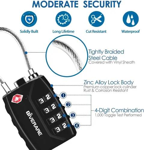Miniatura 2 de 2 Pack TSA Approved Travel Luggage Locks, 4-Digit Metal Cable Combination Suitcase Lock, Alloy Padlocks, Weatherproof Padlock for Locker, Golf Bag