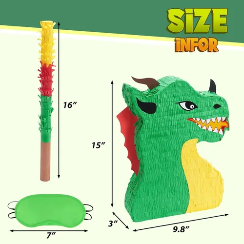 Miniatura 5 de WERNNSAI - Piñata de dragón, paquete de suministros para fiesta de dinosaurios que incluye venta y palo. Ideal como juego y decoración en fiestas
