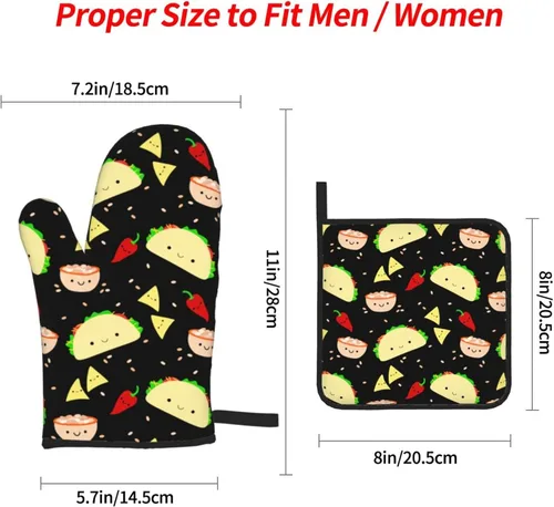 Miniatura 2 de Juego de 4 manoplas de horno y soportes para ollas con estampado de tacos Kawaii, guantes resistentes al calor para cocina, hornear, asar a la Lindo