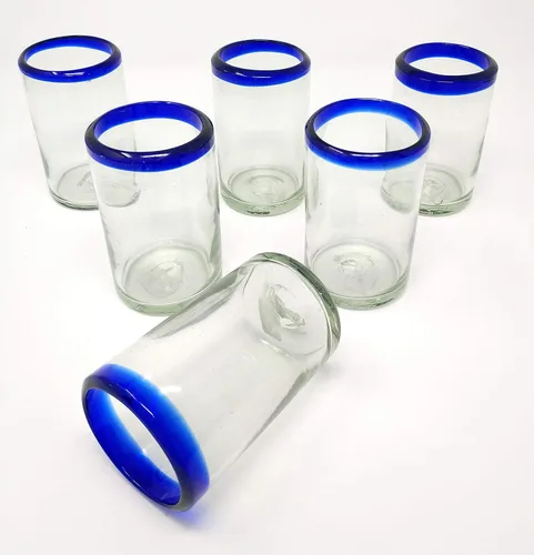 Miniatura 3 de Vasos mexicanos soplados a mano, juego de 6 vasos de jugo con bordes azul cobalto (8 onzas cada uno)