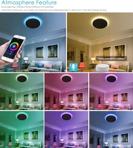 Miniatura 6 de TALOYA Luminaria inteligente de techo de 10 pulgadas con montaje empotrado LED y luz nocturna RGB, compatible con Alexa y Google Assistant, lámpara
