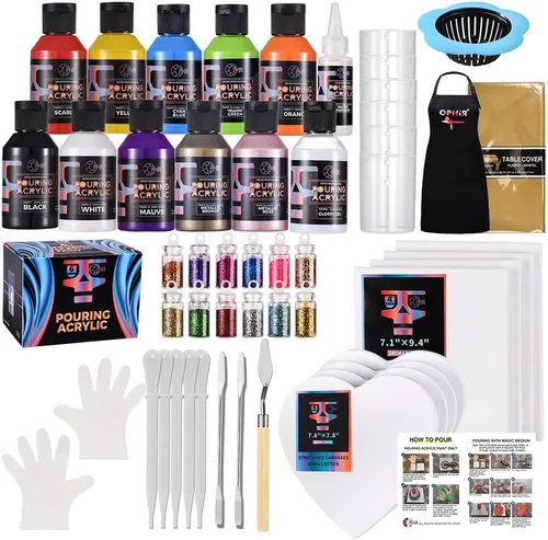 Miniatura 13 de OPHIR Total 22.8OZ Set de Pintura Acrílica para Verter, 3 Suministros de Pintura Acrílica Premezclada para Verter en Negro y 3 en Blanco, para Juego