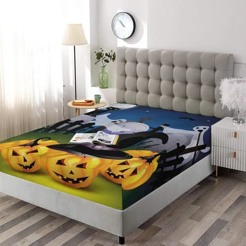 Miniatura 2 de Juego de sábanas bajeras decorativas tamaño Queen, sábanas bajeras de Halloween con bolsillos profundos y 2 fundas de almohada (sin sábana plana)