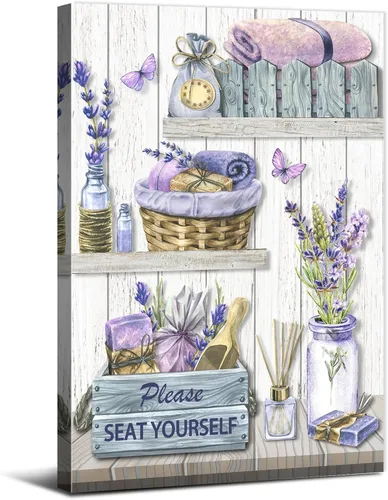 Decoración de pared de baño de color morado, cuadros rústicos de flores de lavanda, arte de pared de baño, granja, relajarse, siéntate, pintura,