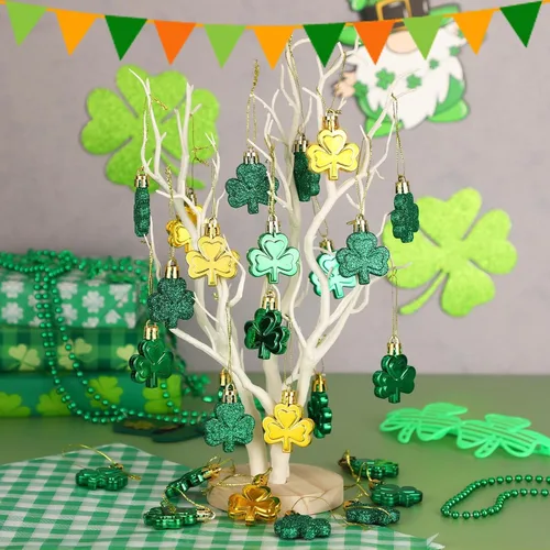 Miniatura 5 de JULMELON Decoraciones del día de San Patricio, 20 adornos de trébol, bolas de trébol de buena suerte para árbol y fiesta