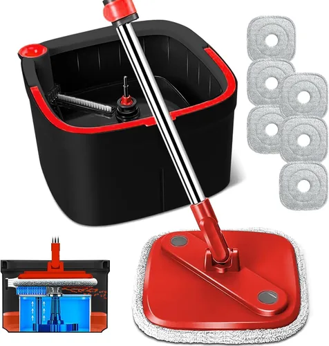 Miniatura 14 de Juego de trapeador giratorio y cubo con sistema de agua sucia y limpia de separación automática con cabezal de trapeador giratorio de 360°
