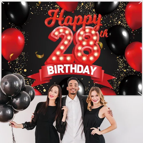 Miniatura 5 de Cartel de feliz cumpleaños 28 color rojo y negro, decoración temática de globos para niñas y mujeres, princesas de 28 años, fiesta de cumpleaños
