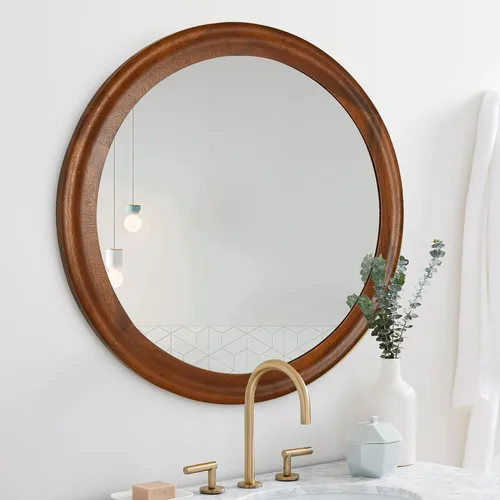 Miniatura 4 de CULER Espejos de Pared Redondos de 24 Pulgadas, Espejo Decorativo Rústico de Madera de Transición con Marco de Nogal para Pared, Espejo de Tocador