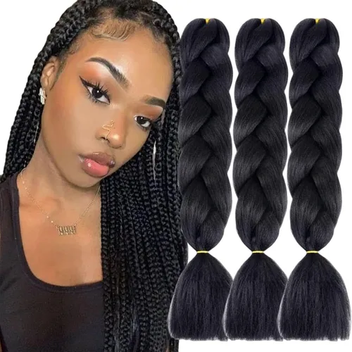 Miniatura 17 de 3 paquetes de extensiones de cabello sintético para trenzar de color negro a azul, tamaño jumbo ombré, de 24 pulgadas o trenzas de ganchillo