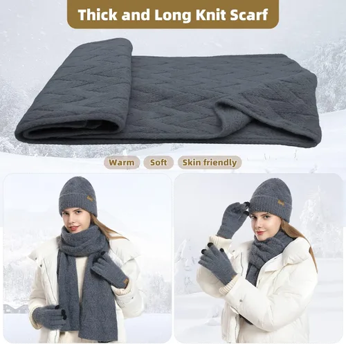 Miniatura 4 de Gorro de punto de invierno para mujer con guantes para pantalla táctil, gorro de pompón, bufandas para el cuello para hombres