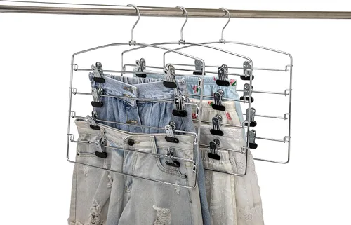 Miniatura 7 de Perchas de 3 pantalones de calidad, perchas de metal multibarra que ahorran espacio, estable con acolchado de espuma antideslizante, gancho Falda