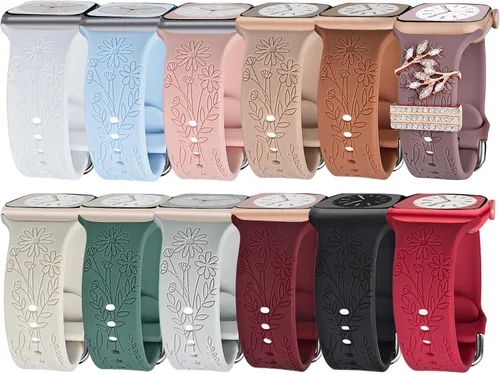 Paquete de 3 bandas grabadas con flores silvestres compatibles con Apple Watch Band de 1.81 pulgadas, 1.57 pulgadas, 1.49 pulgadas, 1.61 pulgadas,