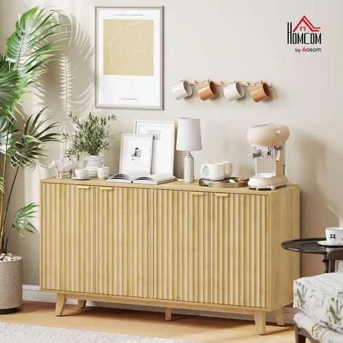 Miniatura 2 de HOMCOM Armario de buffet con aparador estriado, gabinete moderno de consola de 55 pulgadas con 4 puertas, 2 estantes ajustables y 5 patas de madera