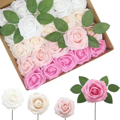 Miniatura 28 de Flores Artificiales Rosas Realistas, 50 piezas de rosas falsas con tallo de aspecto real para ramos de boda DIY, centros de mesa, despedida