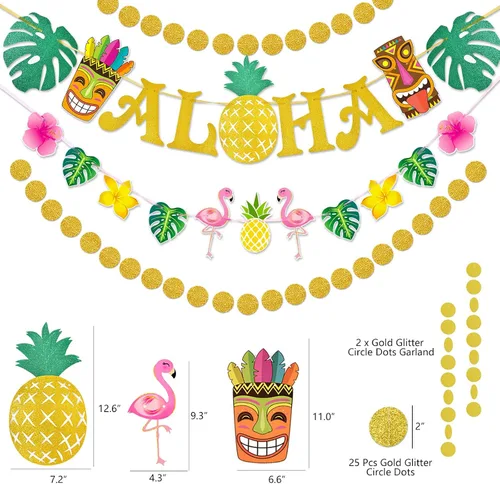Miniatura 2 de WERNNSAI Pancarta hawaiana de Aloha para fiestas, flamenco, piña, tiki, tropical, Luau, suministros de fiesta, recuerdos, grande, dorado, brillante