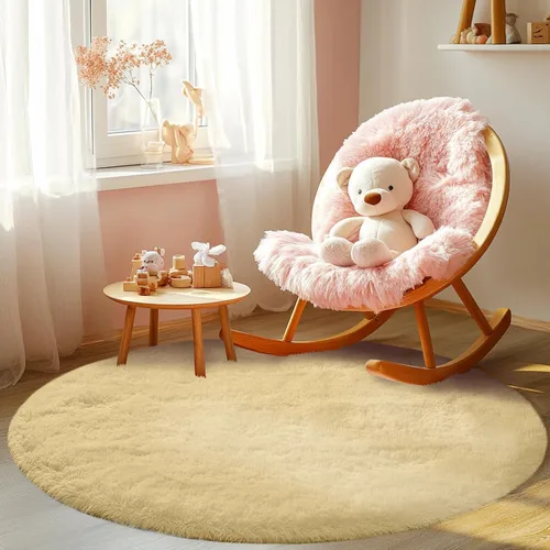 Miniatura 4 de Alfombra redonda beige para dormitorio: alfombra suave y esponjosa de 4 x 4 pies para sala de estar, alfombra redonda de felpa peluda