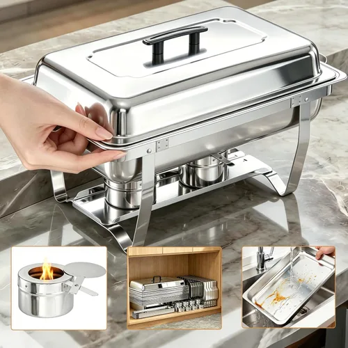Miniatura 7 de Juego de Bandejas Calentadoras (Chafing Dish) para Buffet de 4 Piezas, Bandeja de Comida Rectangular Plegable de Acero Inoxidable de 8 Cuartos