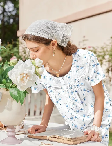 Miniatura 2 de Ekouaer Camisón para Mujeres de Algodón Camisón Largo de Noche Camisón de Manga Corta con Bolsillos Camisón con Botones Ropa de Dormir Suave