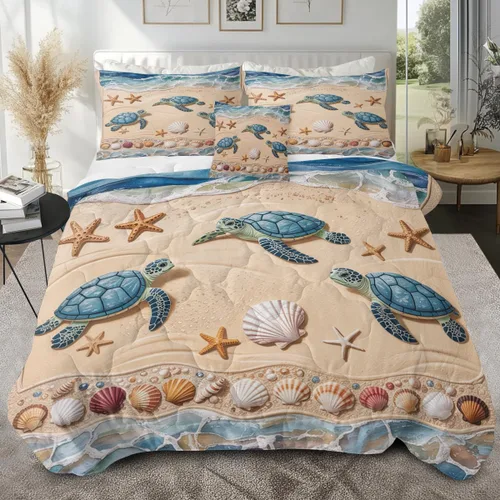 Miniatura 11 de Sleepwish - Juego de edredón con estampado de tortuga, juego de cubrecamas de tortuga hawaiana tamaño Queen en 3D, edredón de playa lindo para cama