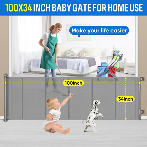 Miniatura 2 de Puerta retráctil extra ancha para bebés de 34 x 100 pulgadas, puerta de seguridad extra ancha para niños o mascotas, 34 pulgadas de alto, se