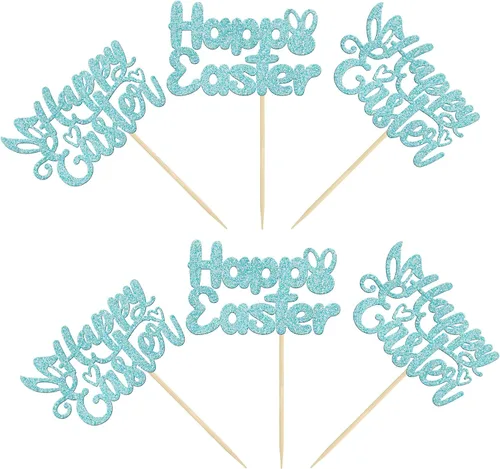 Miniatura 3 de Gyufise Paquete de 24 adornos azules con purpurina para cupcakes de Pascua con orejas de conejo de Pascua, decoraciones para fiesta de Pascua