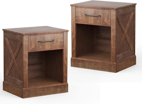 Giantex Juego de 2 mesitas de noche de granja, mesa auxiliar rústica con cajones y compartimento abierto, mesa auxiliar de sofá de madera para Nuez