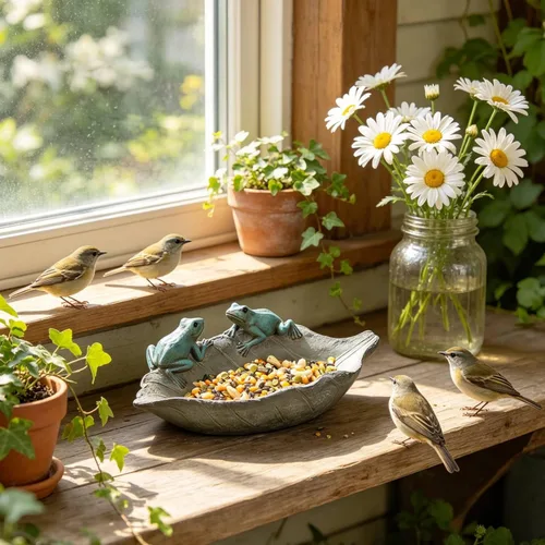 Miniatura 3 de Comedero para pájaros salvajes al aire libre, comedero para pájaros de poliresina al aire libre, cuenco de baño para decoración de mesa de patio Rana