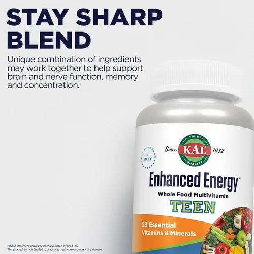 Miniatura 5 de KAL Teens - Suplementos energéticos mejorados, multivitamínico de alimentos integrales una vez al día con hierro, 23 vitaminas y minerales, apoyo