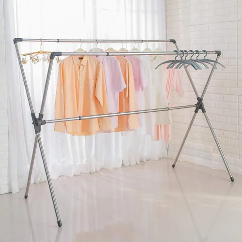 Miniatura 5 de BAOYOUNI Estante plegable de secado de ropa de acero inoxidable con doble poste, barras expandibles, ahorro de espacio, retráctil, resistente