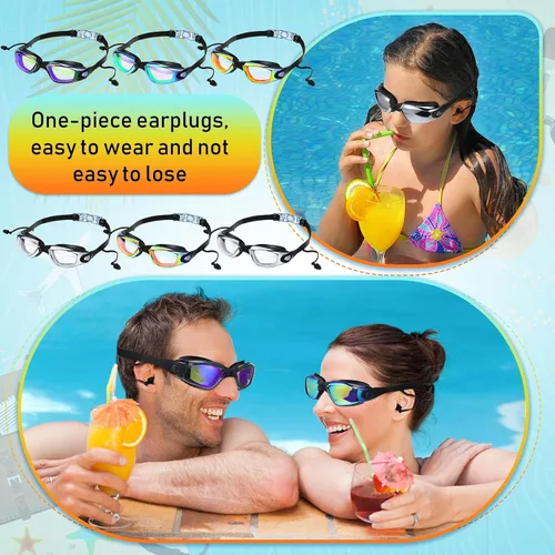 Miniatura 6 de Flutesan Paquete de 6 gafas de natación para adultos, antiniebla, con tapones para los oídos, clip para la nariz, sin fugas, protección completa