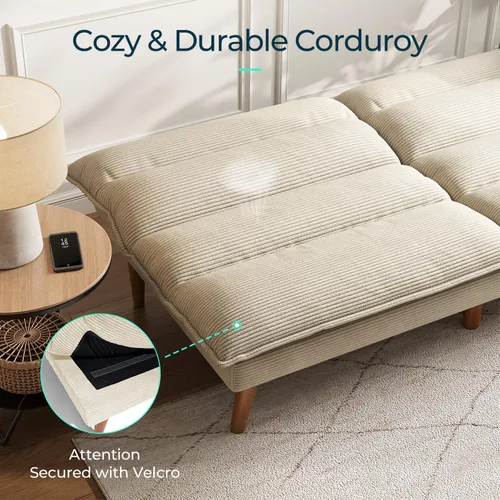 Miniatura 5 de LINSY Sofá cama futón de pana de 71 pulgadas con respaldo ajustable, futones plegables convertibles para espacios pequeños, salas de estar, Beige