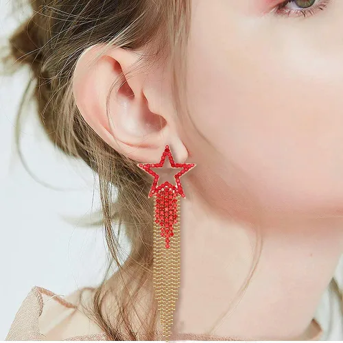 Miniatura 2 de Pendientes de borla para mujer, diseño de estrella, de cristal, estilo bohemio, cascada, con flecos, aretes colgantes