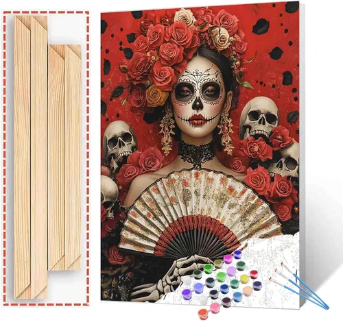 Miniatura 25 de Pintura por números para parejas tomadas de la mano, para adultos, principiantes, Día de los Muertos, Esqueleto, Pintura por números sobre lienzo