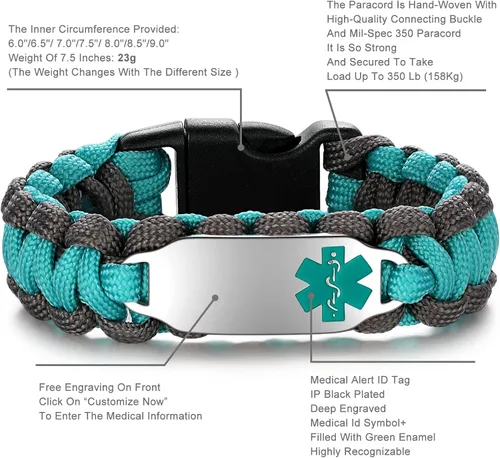 Miniatura 2 de Pulsera de alerta médica Paracord para hombres y mujeres Pulsera de identificación médica de acero inoxidable con hebillas de liberación lateral