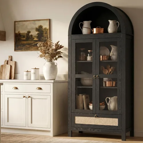 Miniatura 9 de TYBOATLE Armario de despensa arqueado de 71 pulgadas de alto con cajón innovador, armario de cocina con dispositivo antivuelco y puerta de vidrio