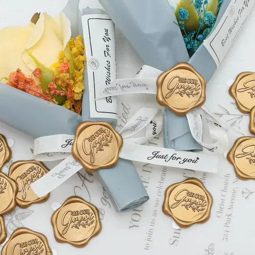 Miniatura 4 de SWANGSA 50 calcomanías de sello de cera con texto en inglés "Be Our Gues", color dorado antiguo, autoadhesivas, para invitaciones de boda, sobres