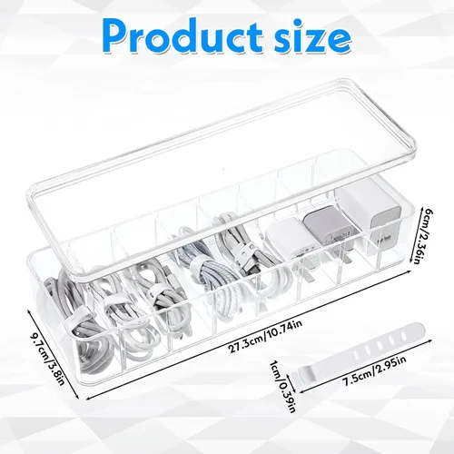 Miniatura 2 de Organizador de almacenamiento de cables de plástico transparente con 40 bridas de silicona, caja organizadora de cables con tapa para organización
