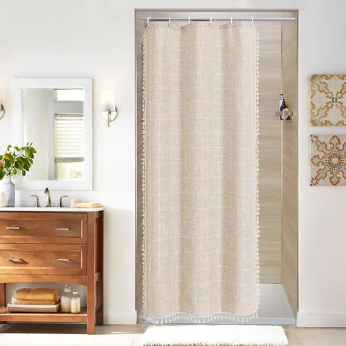 Miniatura 34 de MitoVilla Juego de cortinas de ducha estilo bohemio, modernas cortinas de ducha bohemias para decoración de baño, cortina de ducha de tela de lino