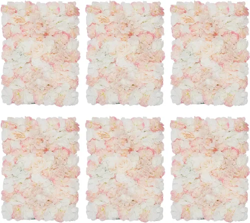 DouSeiAi 6 paneles de pared de flores artificiales, 23.62 x 15.75 pulgadas, color blanco champán, flores florales para decoración de fondo para