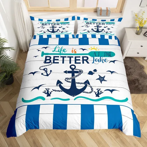 Miniatura 21 de Erosebridal Funda de edredón náutica para niños y niñas, juego de ropa de cama azul y blanco oceánico, funda de edredón de tabla de surf Hawaii