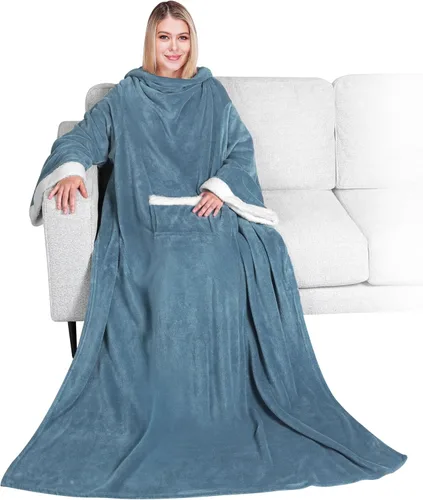 Miniatura 33 de PAVILIA Manta de forro polar con mangas para mujeres y hombres adultos, manta portátil cálida y suave, acogedora con bolsillo para abrazarse, manta
