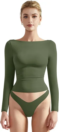 Miniatura 12 de SUUKSESS Camiseta de mujer con cuello redondo, manga larga, doblemente forrada, ajustada y corta