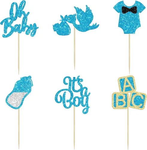 Miniatura 3 de 24 adornos para cupcakes Oh Baby con purpurina azul "It's a Boy" con botella de cisne, para baby shower, revelación de género, decoraciones