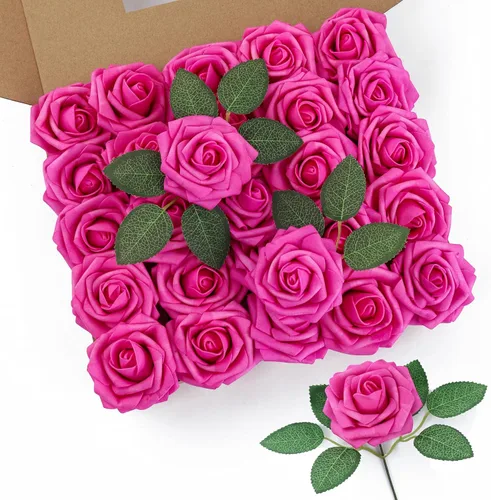 Miniatura 19 de DuHouse 25 rosas artificiales con tallos, flores de espuma de tacto real para bricolaje, ramo de boda, centro de mesa, arreglo floral, fiesta, Verde