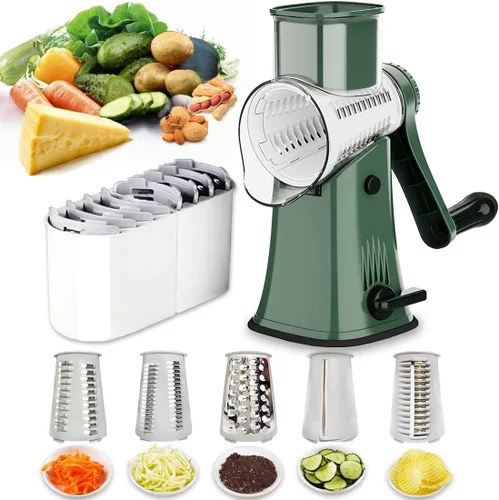Rallador de queso giratorio manual, 5 cuchillas intercambiables, mandolina redonda, trituradora de verduras, trituradora de tambor, picadora de Verde
