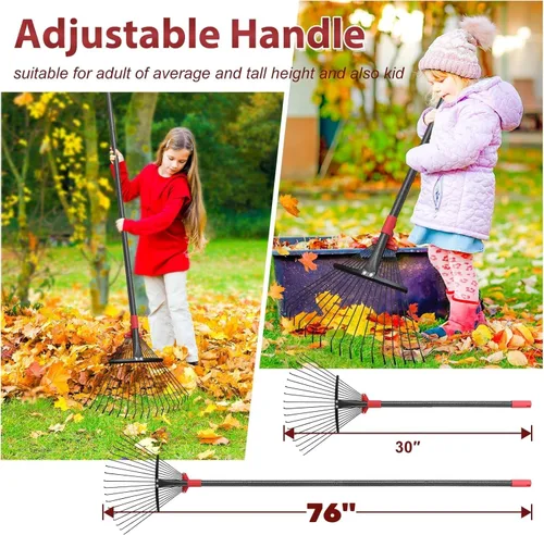 Miniatura 3 de Rastrillo de 76 pulgadas para hojas, 18 dientes de metal ajustables con cabeza expandible, rastrillos de jardín para césped, rastrillo de metal