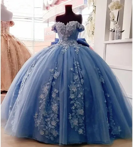 Miniatura 3 de TRHTX Vestidos de quinceañera con cuentas de encaje 2025 hinchados con hombros descubiertos dulces 16 vestidos de flores de tul vestido de membrillo